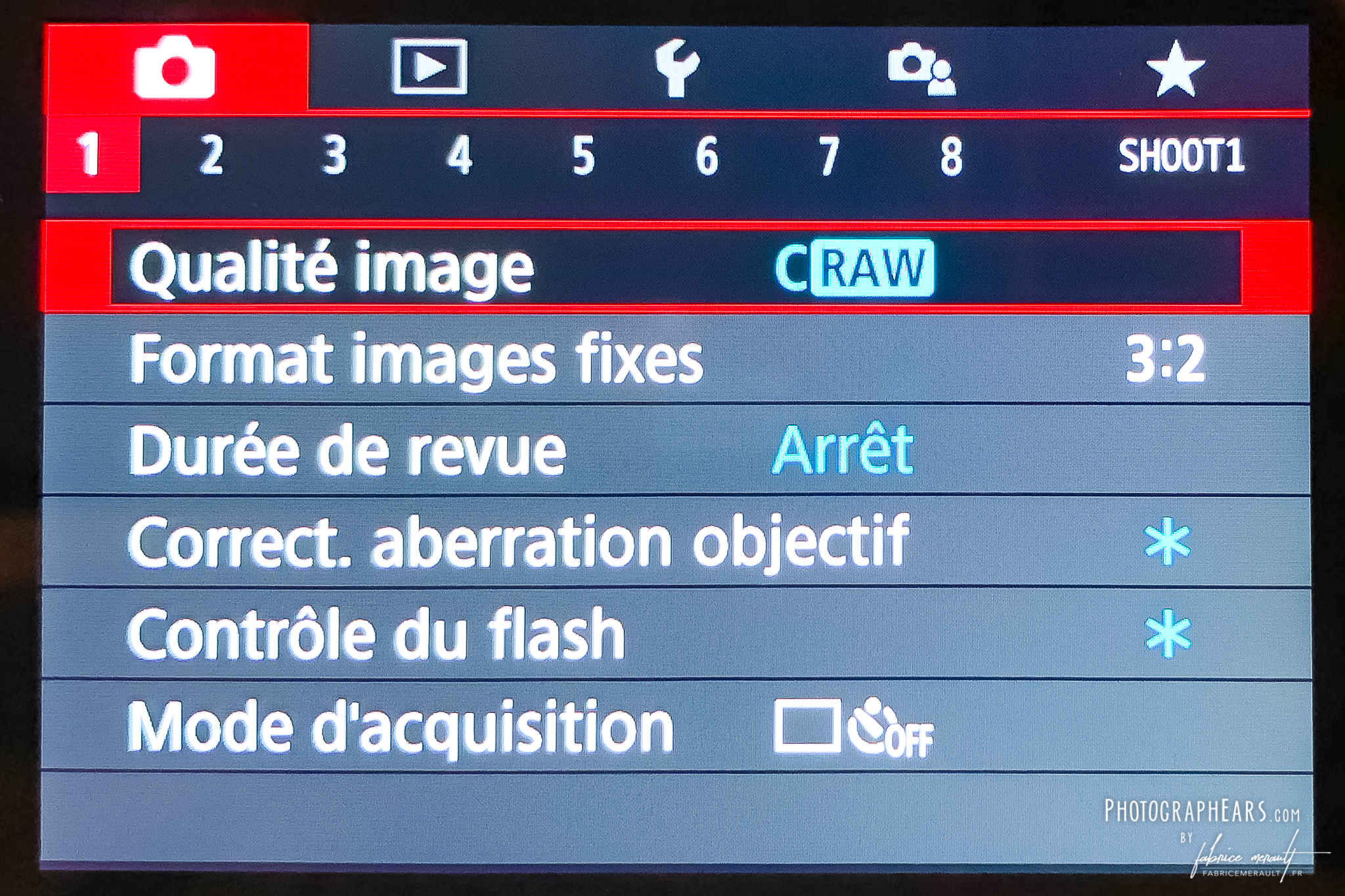 Menu pour le réglage en RAW, sur appareil photo Canon