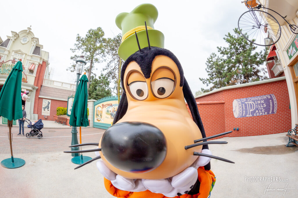 Fisheye de Dingo / Goofy, sur la photolocation devant "Ribbons & Bows Hat Shop"